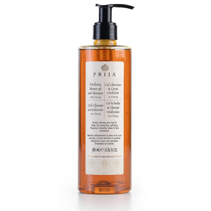 Prija Vitalizing Shower Gel & Shampoo with Ginseng (12.84 fl oz) - Toning and Revitalizing - Vegan Friendly - Dermatologically Tested - Made with 100% Recycled Bottle - Image 1